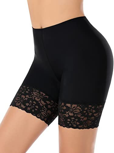 YARRCO Lace Anti-Chafing Shorts for Women - Chub Rub Seamless Slip Shorts for Under Dresses, Boyshorts Safety Underwear (Black (Long), S)