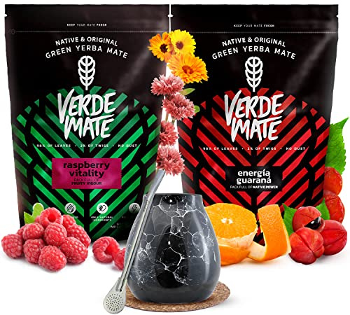Verde Mate Green Energia Guarana, Raspberry Vitality 2x500g - Yerba Mate Set with Calabash and Bombilla, Mate Tea with Guarana and Fruits, Brazilian