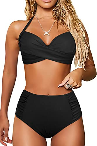 JFAN Traje de Baño Mujer 2 Piezas Conjunto de Bikini Push Up Bañador Bikini Tops y Bottoms Cintura Alta (Negro,L)