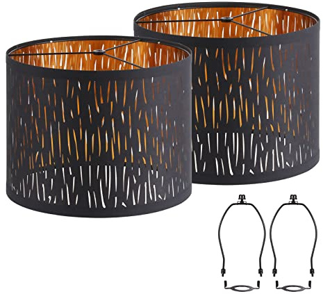Black Lampshades Set of 2, Drum Lamp shade with Hollow-carved Design, 12.7 x 12.7 x 10 Inches Lampshades for Table Lamp, Floor Lamp, Pendant Light, Lamp Shade Harp Holder Included