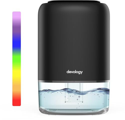 Devology Mini Deumidificatore Portatile Compatto da 1100 ml - Efficienza Elettrica - Elimina Muffa, Umidità e Condensa per Casa - Super Silenzioso <30dB 7 Colori di Illuminazione d'Ambiente a LED