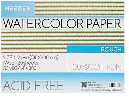 MEEDEN Akvarellblock 100 % bomull för akvarell, 20 blad, 63,5 kg/300 g/m², surhetsfritt konstpappersblock för akvarell, gouache, bläck och mer, grovkornigt 22,9 x 30,5 cm