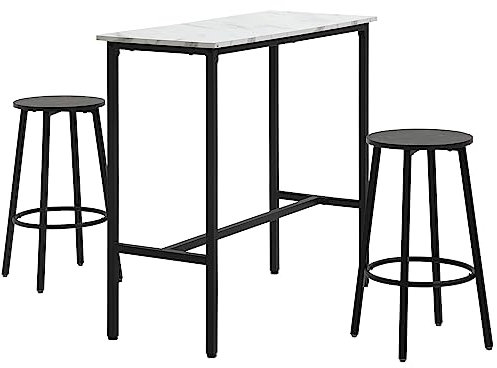 HOMCOM Juego de Mesa de Comedor Mesa Alta de Bar con 2 Taburetes Redondo 3 Piezas Marco de Acero Estilo Moderno para Cocina Salón Blanco y Negro