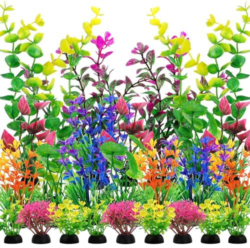 QUOZUO 25 Pezzi Piante Artificiali Acquario Ornamenti kit, Pianta Artificiali decorazioni piante Colorato, Accessori per acquario Decor
