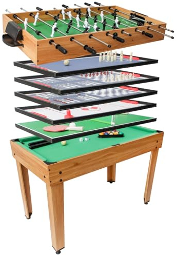 DEVESSPORT Multijuegos 7 en 1 Madera con Accesorios Incluidos | Mesa de Juegos con Futbolín, Billar, Ping Pong, Air Hockey y Más | Diseño Robusto y Elegante para Niños +8 Años
