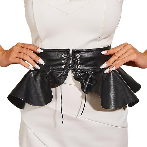 FANJABA Cinturón ancho de peplum negro, cinturón decorativo para mujer, cinturón de corsé, cinturón de piel con volantes, cintura y cinturón de corsé, Negro -, 60-90cm/23.62-35.43in