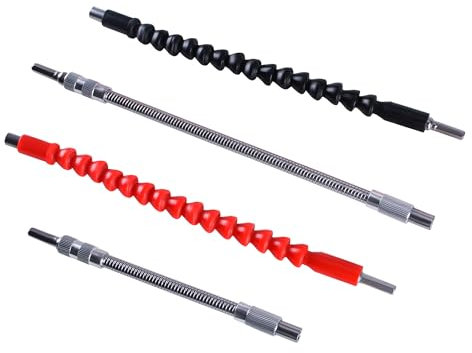TIOMIOSEA Flexible Bohrerverlängerung 4 Stück, Flexibel, Multifunktional, Universalschaft, 300 mm (rot, schwarz, silber) + 200 mm (silber), Bohrmaschine, Schraubendreher, Ecken