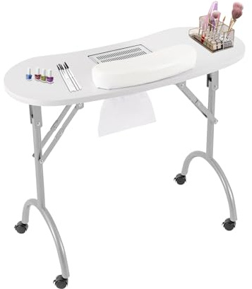 JDBDU Tavolo per manicure con aspirazione, portatile, pieghevole, 90 x 40 x 72 cm, con sacchetto per la polvere e ruote, bianco