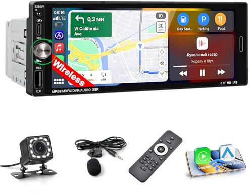 Inefala Autoradio Wireless Carplay 1 Din Kompatibel med Android Auto, 6,9 tums bilradio med pekskärm stödjer Bluetooth handsfree Mirror Link FM USB Type-C EQ med backkamera