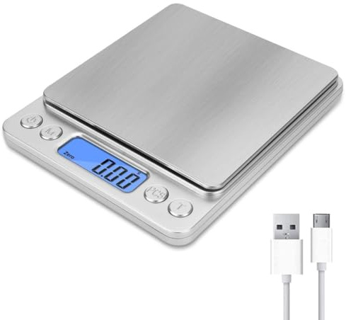 WUSJCOF Báscula digital recargable con gran pantalla LCD, báscula alfabética, medición de líquidos, alta precisión hasta 1 g, carga máxima 3 kg (Plata)