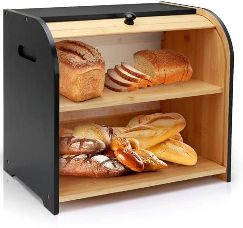 Thalomely Bread Box for Kitchen Countertop, Double Layer Bamboo Bread Storage Container for Homemade Bread, Roll Top Bread Box with 3 Adjustable Height for Kitchen Counter, Black Breadbox Organizer