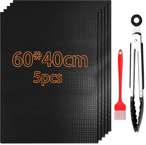 Tappetino per barbecue, set di 5 tappetini per griglia in teflon antiaderente, Carta da Forno Riutilizzabile con Pennello e Clip, BBQ Mat per Griglia a Carbone, Griglia Elettronica
