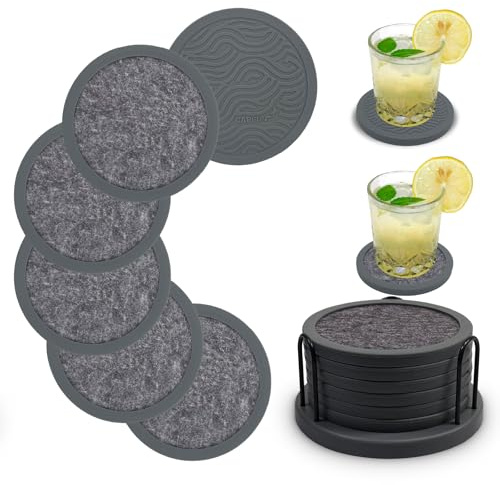Non-Slip Silicone Coaster, Double-Sided Absorbent Cup Mats for Hot & Cold Drinks, Scratch & Water Ring Protection for Wood Tables, Home Office Bar Use (6PC grey)