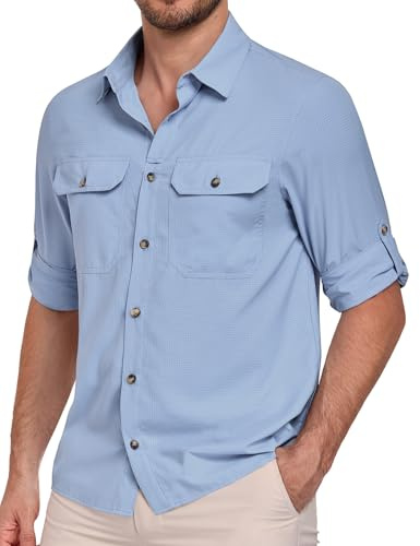 heekpek Camicia Uomo Manica Lunga Estive UPF 50 Maglietta Anti UV Traspirante Funzionale Camicie per Safari Trekking Pesca, Azzurro, M
