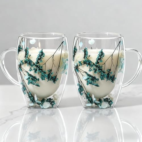 Lxoraziy Set 2 Tazze in Vetro a Doppia Parete 350 ml, Vetro Borosilicato con Fiori Secchi Decorativi, Tazze Isolanti per Caffè Espresso Latte e Tè(Serie Blu)