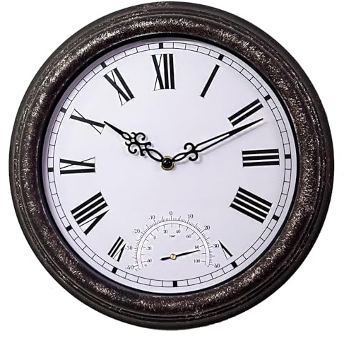 YTAONS Outdoor Waterproof Wall Clock with Thermometer Combo, 12 in Garden Clocks for Indoor and Outside Patio Deck Pool -Not Silent (Black)