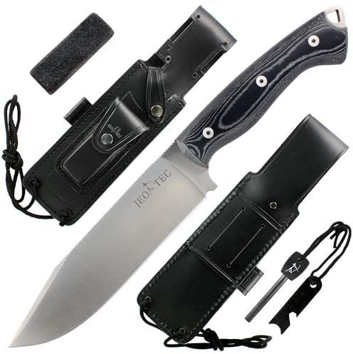 JEO-TEC Nº37 Couteau de Survie à lame fixe pour le Camping Bushcraft Randonnée Chasse Plein Air, lame Fixe en acier inoxydable, étui en cuir, Fabriqué en Espagne