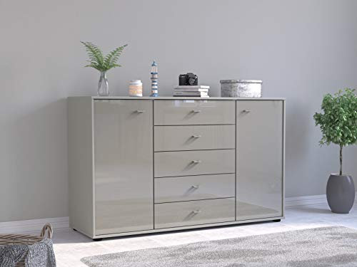 WIEMANN Rialto Kommode, Kombikommode, mit Schubladen, für Schlafzimmer, Sideboard, Breite 141 cm, Glas Kieselgrau, grau, Griffe chrom, Holz, B/H/T 141 x 86 x 43 cm