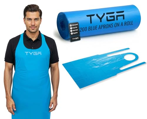 TYGA Store | 200 Disposable Blue Aprons on a Roll - Easy Dispense Apron for Medical, Cleaning, Painting, Hairdressers, Baking & Chefs - PPE (Blue) (Roll of 200)
