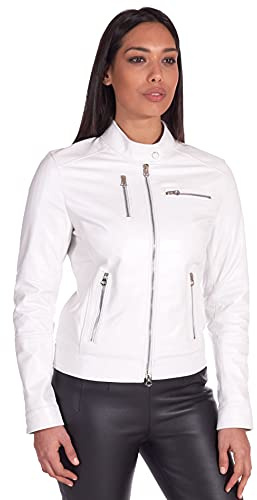 D'Arienzo Giacca Pelle Bianca Donna Vera Pelle Giubbotto Biker Made in Italy Giulia S/Bianco