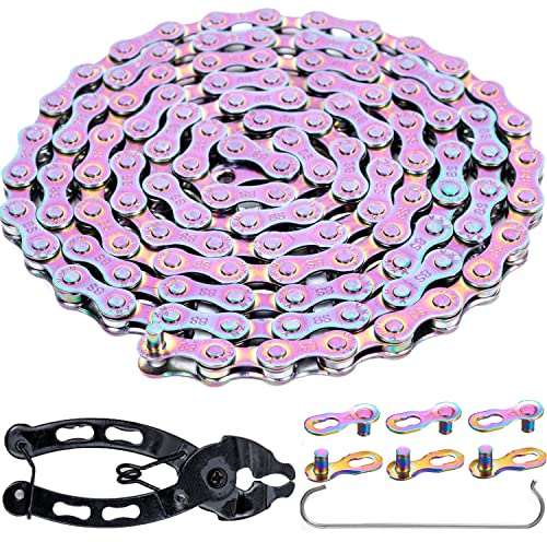 YBEKI 6/7/8/9/10/11 Speed Carbon Steel Bike Chain with Full Silver Plating, 116 Links, 3 Extra Master Links & Chain Tool - Compatible with Shimano/SRAM Mountain, Road (6/7/8 Speed, Multicolour, 1)