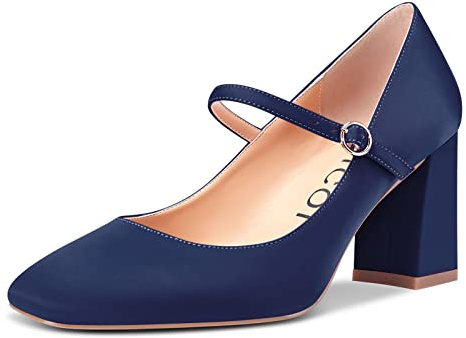 Aachcol Donna Mary Jane Pumps Chiusa Quadrata Punta Chunky Blocco Medio Tacco Heel Slip-on da Matrimonio Ufficio Feste Dress Scarpe 8 CM Blu Navy Raso 36 EU