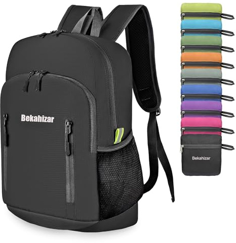 Bekahizar Sac à Dos Pliable 20L, Ultra-Léger Randonnée Petit de Voyage pour Hommes Femmes Enfants Sports en Plein air (Noir)