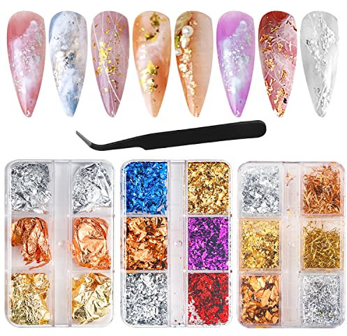 3 Boxen Blattgold Nailart, Goldfolie Nägel Set mit Pinzette, Blattgold Nägel Nagel Kunst Dekorationen für Gesicht Körper Make-up Dekorationsnägel