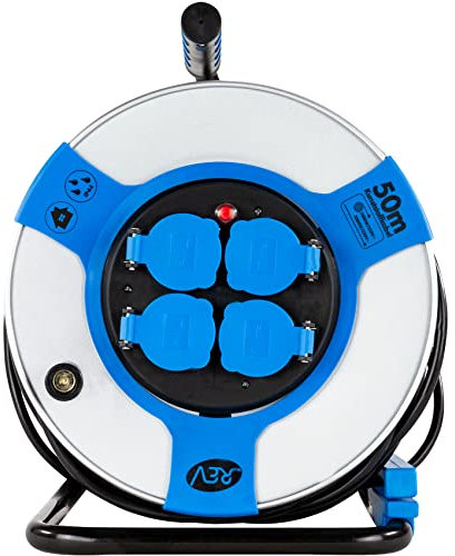 REV Kabeltrommel EX, 50m, H05VV, IP44, 3000W, mit Schleifkontakt, Außenbereich, 4 Schutzkontaktsteckdosen, blau