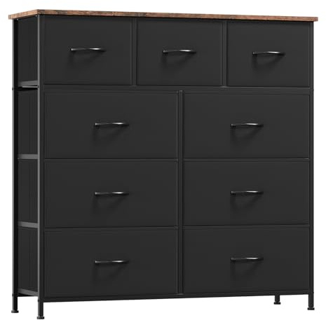 Somdot Kommode mit Schubladen, Stoffkommode, Kommode für Schlafzimmer Wohnzimmer Flur, Komodenschrank Schubladenschrank Aufbewahrungsschrank, 9 Stoffschubladen, Rustikales Braun