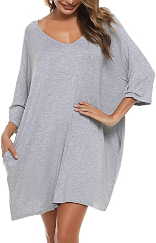 Bresdk Women's Nightdresses Cotton Nighties for Women Plus Size Oversized Nightshirt Short Sleeve Maternity Nightdress Light Gray