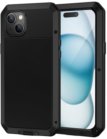 Lanhiem für iPhone 15 Hülle (6.1), Metall Handyhülle iPhone 15 Case Robust Stoßfest Ganzkörper Militärstandard Schutzhülle Outdoor Heavy Duty Case mit Eingebautem Displayschutz, Schwarz