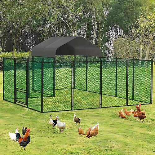 BingoPaw Hühnerstall mit Auslauf und Dach, 10 m² Hühnergehege Kleintierstall 400x300x150 cm, wetterfestes Freilaufgehege mit Sicherheitsschloss, Nylonnetz & verzinktem Stahlrahmen für draußen