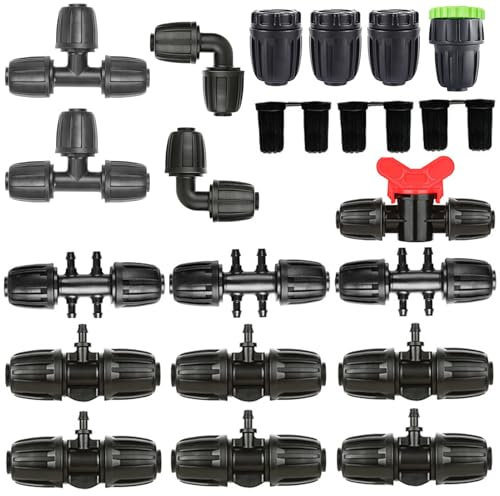 Connecteur de Tuyau D'irrigation de Jardin, HOINCO Lot de 21 raccords de tuyau en T barbelé pour système d'irrigation, 1/2 Pouce à 1/4 Pouce Accessoires D'arrosage 6 Voies(Noir)