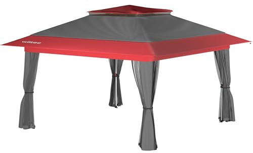 Wiltec Pavillon de réception Pliante – 3,92 x 3,92 x 2,87 m – Couleur Gris-Rouge – avec Protection Anti-moustiques Sac et Roues – Tente Tonnelle de Jardin Fête Camping