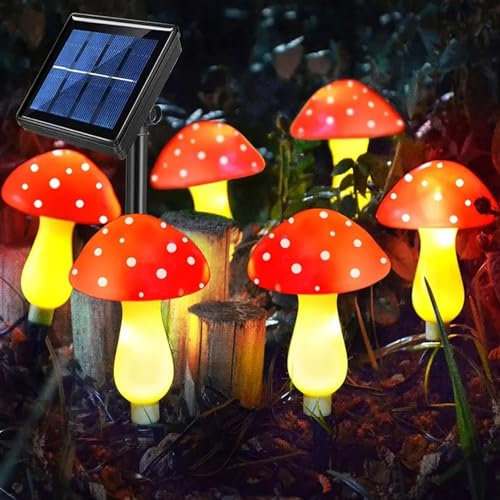 Vuggdt Juego de 6 luces solares de jardín de hongos | Luces solares de estaca de hongo | Lámpara solar LED impermeable | Iluminación de paisaje al aire libre luces nocturnas de jardín | Jardín césped
