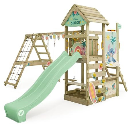 Disney's Stitch Story Spielturm von Wickey - Klettergerüst, Kletterturm, Gartenspielgerät für Kinder - Outdoor Garten Spielplatz aus Holz mit Sandkasten