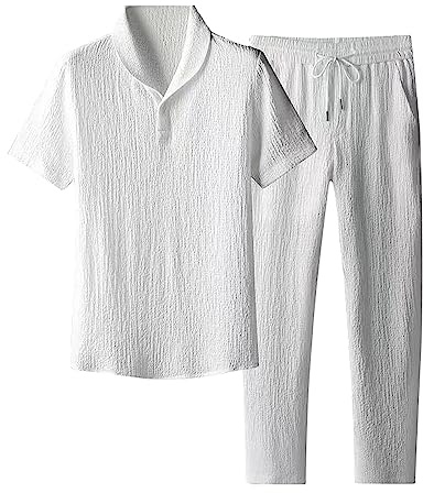 pvucpot Set da 2 Pezzi in Lino da Uomo Completi Estivi per Le Vacanze al Mare, Camicia a Maniche Corte Casual abbottonata Set di Pantaloni Lunghi Larghi