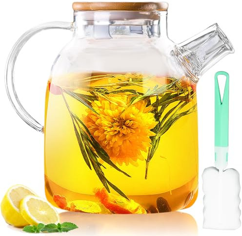Teekanne Glas: 1.6L Teekanne Glas mit Reinigungsbürste, Teebereiter Glaskanne mit Bambus Deckel, Borosilikatglas Teeservice Überhitzungsschutz für losen Tee, Blütentee,und so weiters Spülmaschinenfest