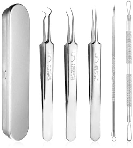 Dimeho 5 Stück Mitesserentferner Pinzetten Clip Set, Komedonenquetscher mit Metall-Box Blackhead Remover Pickel Ausdrücken Werkzeug für Nase Augen Gesicht, Schönheitspflege Frauen und Mädchen
