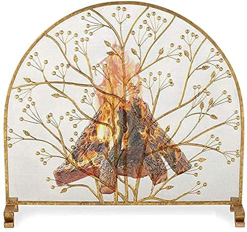 SIbeg Protezione dalle scintille Parascintille autoportante in Metallo Color Ottone/Protezione antincendio a Pannello Piatto/Protezione Fiamma Scintillante - Design Ramo Decorativo, Altezza 90 cm