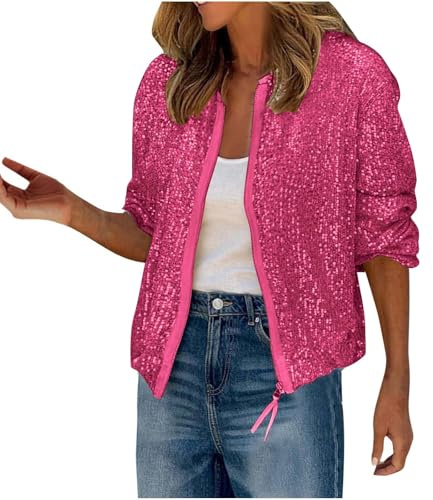 Mrat Sequin Jacket For Women Uk Sparkly Sequin Bomber Jacket Coat Long Sleeve Front Zip Up Ladies Glitter Tops Biker Shiny Clubbing Party Club Metallic Festival Outfit Going Out