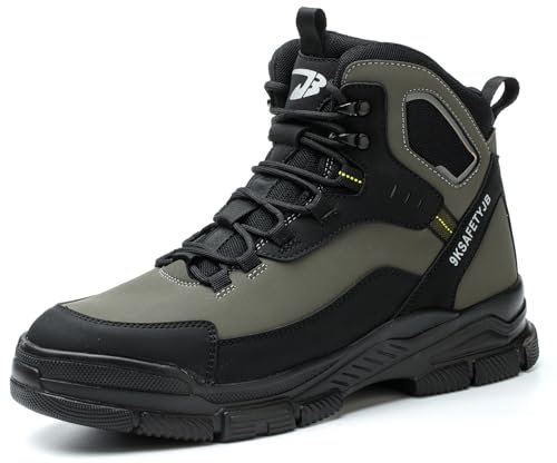 BOKRYE Botas de seguridad con puntera de acero, botas de trabajo para hombre y mujer, ligeras, hasta el tobillo, transpirables, suela antideslizante, color negro, Green, 45 EU