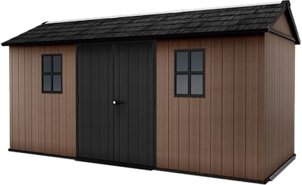 Keter Abri de Jardin Newton 7515/1575, Effet Bois Naturel, Portes et fenêtres orientables, Marron, 9 m², 230 x 476 x 246 cm