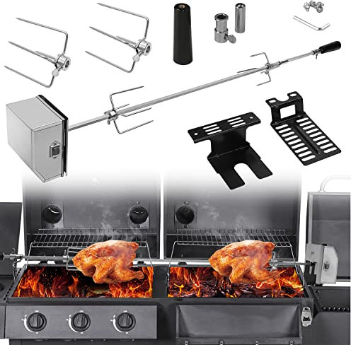 ISOISL Kit de tournebroche en acier inoxydable de 107 cm avec 4 piques à viande, tournebroche universelle en acier inoxydable, pince à viande, moteur, tournebroche pour barbecue à gaz 220-240 V,