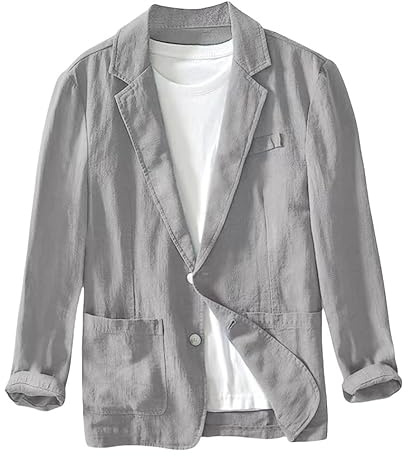 Chaqueta Informal para Hombre, De Lino Y Algodón, Transpirable, De Corte Regular, Deportiva, con Cuello Vuelto, Ligera, con Dos Botones, para Verano, Color Gris, XL