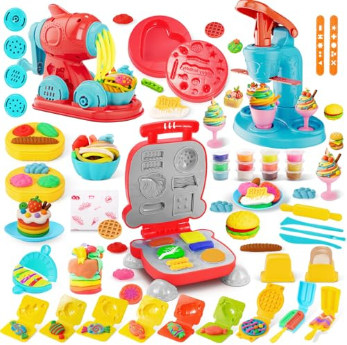 Rodsucs 3-in-1 Color Dough Sets for Kids Ages 4-8, Ice Cream Hamburger Noodle Maker Toy for Kids 3-12, Arts &Crafts Gift for Toddler, Christmas Birthday Gifts for Boys Girls (12 Color Dough)