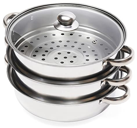 Vaporera de acero inoxidable de 3 pisos, apta para inducción, con tapa de cristal y 3 capas de 28 cm, para verduras, carne, arroz, olla multifunción