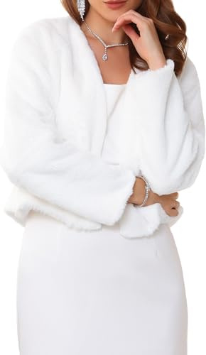 WOMLAYOUT Bolero formale da donna, per abiti da sera, cocktail, matrimonio, elegante, in finta pelliccia, coprispalle, bianco, M