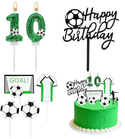 WOKICOR Candela compleanno numero 10 con decorazioni torta calcio, Candeline verde glitter con topper Happy Birthday, Kit festa calcio bambino 10 anni pronto da usare